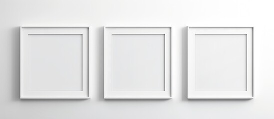 Three white frames are mounted on a white wall, creating a minimalist and clean aesthetic. The frames are empty, ready to display artwork or photographs.