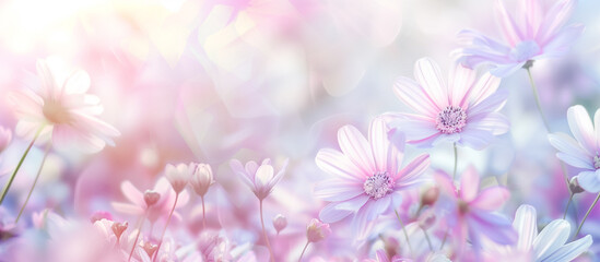 Blooming white and pink flowers with a soft focus background, illuminated by gentle sunlight, creating a serene and magical atmosphere perfect for spring themes.