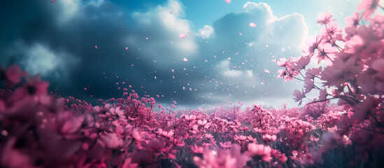 Blossoming cherry tree amidst a vibrant field of flowers under a sky filled with fluffy clouds, capturing the essence of spring’s renewal and beauty. - obrazy, fototapety, plakaty