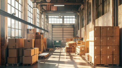 industry warehouse with cardboard containers pallets and equipment  - obrazy, fototapety, plakaty