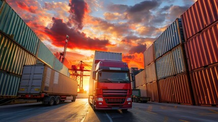 Freight truck driving among containers