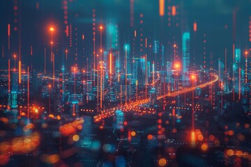 Fototapeta premium 3D digital graphs on the background of modern city downtown. Global economy growth, financial and banking data analysis, advanced technologies, business strategy and digital marketing.