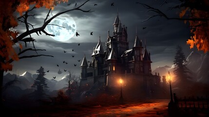 Halloween background with haunted castle and full moon. 3d rendering, An old, haunted gothic castle on a stormy night, AI Generated