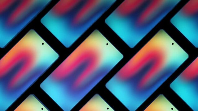 Realistic mockup of smartphone on black background. Cell phone with an abstract neon glowing moving image on display. Spectacular ad or presentation of premium product. 3D animation smartphone