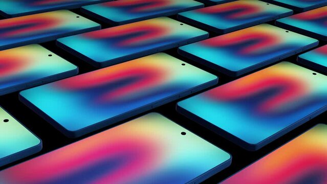 Realistic mockup of smartphone on black background. Cell phone with an abstract neon glowing moving image on display. Spectacular ad or presentation of premium product. 3D animation smartphone