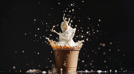 Milk cream exploding with splashes from cup. Coffee concept. Dark background, copy space. Generative AI