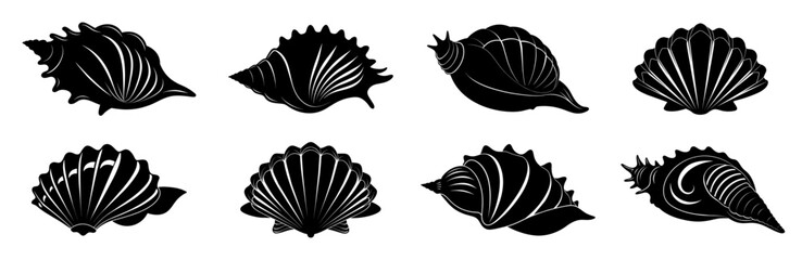 Set of sea shells. Collection of seashell silhouettes - obrazy, fototapety, plakaty