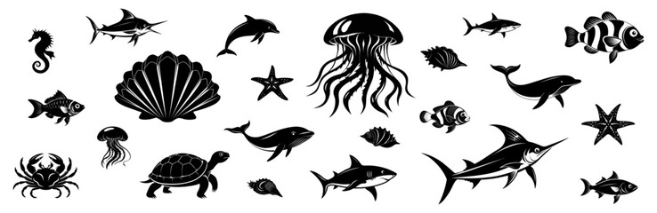 Set of marine animals. Sea creatures silhouettes