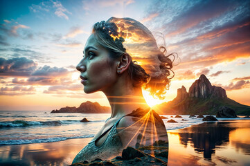 A woman with blonde hair looks out at a beach with a sunset and mountains in the background.