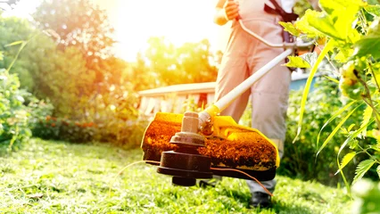Zelfklevend Fotobehang gardener with grass trimmer mows green lawn on © I