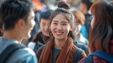 Fototapeta premium Amidst the vibrancy of a bustling university courtyard, the Asian people concept is exemplified by a group of students deeply engrossed in lively discussion