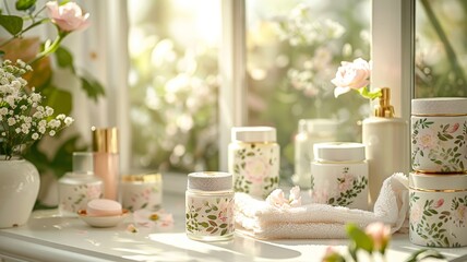 Fototapeta premium Idyllic indoor garden scene with a variety of decorative cosmetic jars in soft light