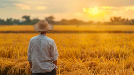 In the concept of Asian people, a farmer is portrayed tending to his rice paddies, with the golden fields stretching out to the horizon