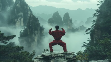 In the midst of misty mountains, the essence of Asian culture is captured as a martial artist demonstrates ancient techniques, embodying tradition.