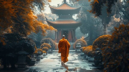 In the serene ambiance of a temple garden, a monk walks peacefully, reflecting the essence of Asian cultural ideals