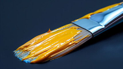 Close up to a brush with yellow paint