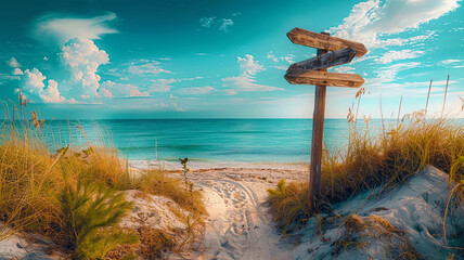 Wooden signpost on a serene beach path under a clear blue sky offering directions for travelers