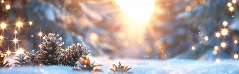 Fototapeta na wymiar Christmas background, pine cone on snow-covered branches with bokeh lights in the background, enchanting winter landscape. Web banner with copy space