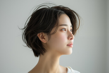 Profile view of a serene Asian woman with short hair against a white background - obrazy, fototapety, plakaty