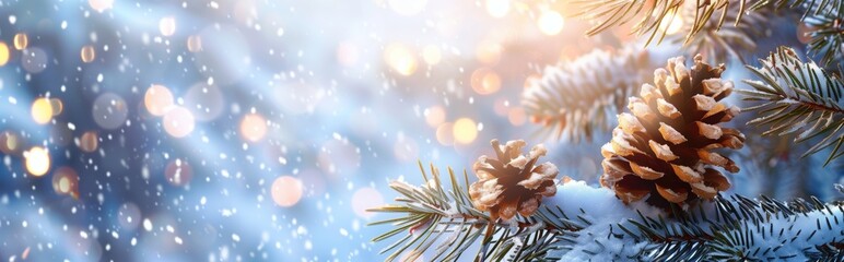 Christmas background, pine cone on snow-covered branches with bokeh lights in the background, enchanting winter landscape. Web banner with copy space - obrazy, fototapety, plakaty