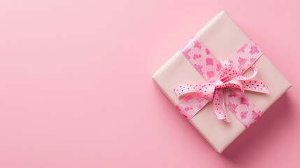 Decorative pink gift box with satin pink bow and ribbon. Celebration, occasions day text. Top view, copy space for text or logo