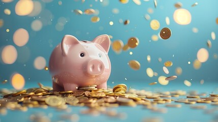 Playful piggy bank reveling in a shower of golden coins symbolizing savings - obrazy, fototapety, plakaty