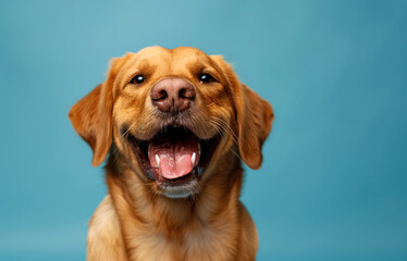 portrait of a happy dog on a blue background, 