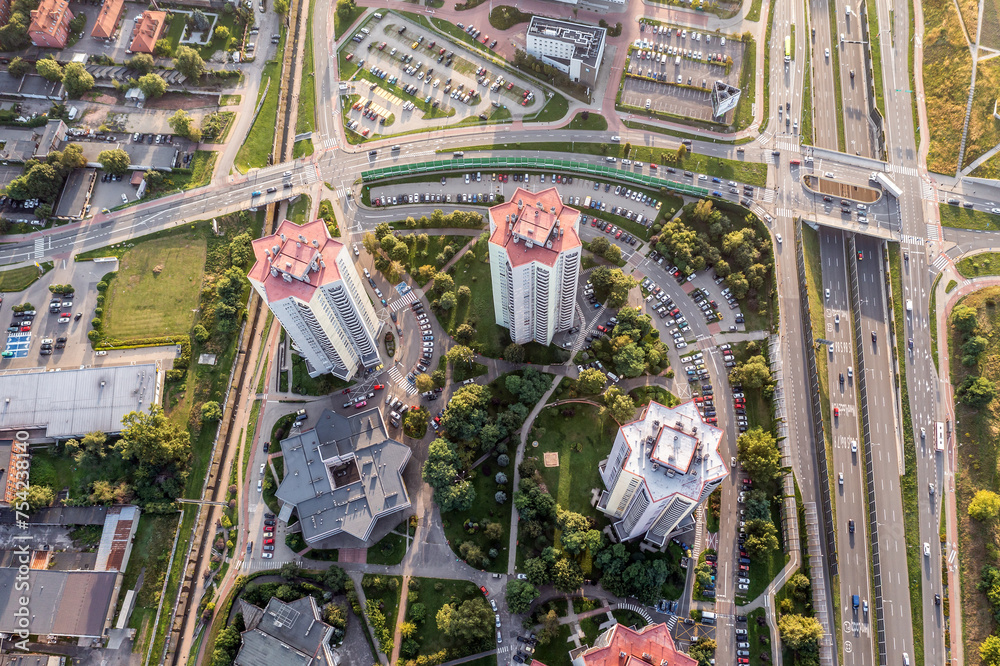 Sticker Drone view of buildings at Walenty Rozdzienski Estate simply called The Stars in Zawodzie area of Katowice city, Silesia region of Poland