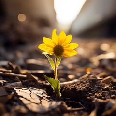 single yellow flower emerging from the parched, cracked soil
