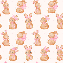 Obraz premium Coquette bunny with pink ribbon bow watercolor hand painting, trendy Easter illustration.