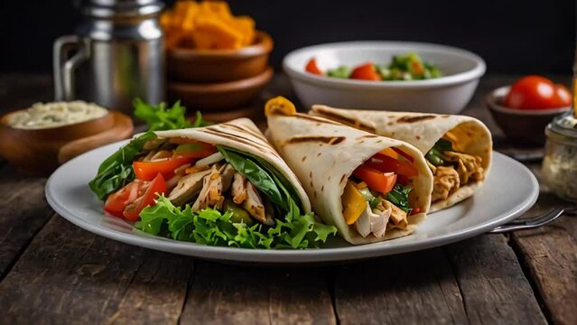 Delicious shawarma with chicken and vegetables in the kitchen

