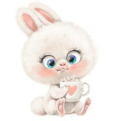 Cute cartoon little rabbit with large cup of cocoa or coffee with marshmallows sit on a white background
