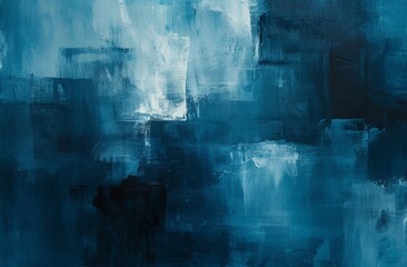 Blue and White Abstract Painting with White Square on Black Background Contemporary Artwork Design for Interior Decoration