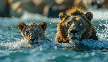 lion and lioness swim along the river in safari, wild nature in the animal world.