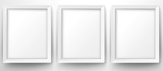 A plain white wall with three matching white frames hanging on it. The frames are arranged in a neat and orderly manner, creating a minimalist and modern look.