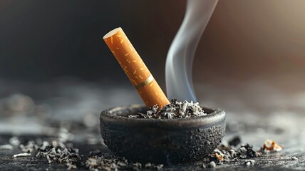 Clear message of smoking cessation with a single lit cigarette in ashtray