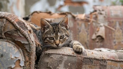 a cat on a torn sofa