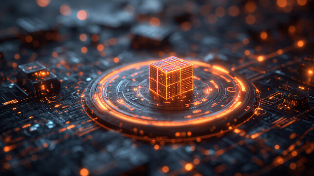 The magic box in digital neon circle. digital box concept. future technology growing concepts. 