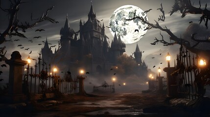 Scary halloween castle - dark spooky place, with coffins and many bats, beautiful view, fog, AI Generative - obrazy, fototapety, plakaty