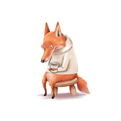 Cute illustration with fox. Pondering Foxy, Peaceful Pause with Coffee. - 754240999