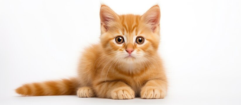 A small domestic orange kitten is sitting in an amusing pose on top of a white floor. The kittens fur is fluffy and its eyes are curious, creating a cute and endearing image.