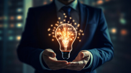 Businessman holding creative light bulb\