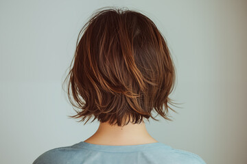 Rear view of a person with a trendy brown short haircut on a neutral background