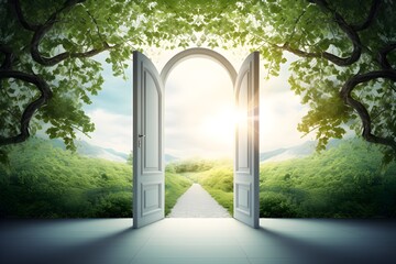 Frame on an opened door to nature background
