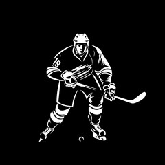 Minimal logo of man hockey player vector black and white on black background © sch_ai