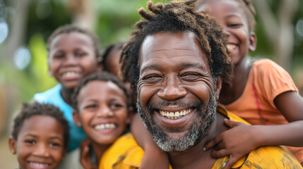 Portrait of adult African-American man teacher surrounded with happy, exited children outdoor. Generative AI - 754241966