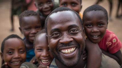 Portrait of adult African man teacher surrounded with happy, exited children outdoor. Generative AI - 754241981