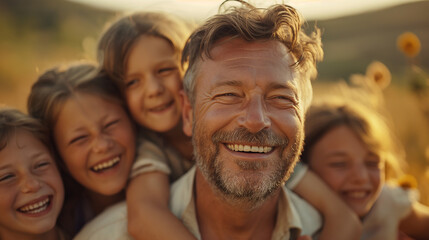 Portrait of father with four small children in group hug outdoor at sunset. Generative AI - 754241996