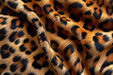A close up picture of a wild cheetah skin. animal pattern blanket. fabrics texture. hair and fluffy wallpaper for backgrounds and backdrop. cloth with spots on it with brown and orange, AI Generated.