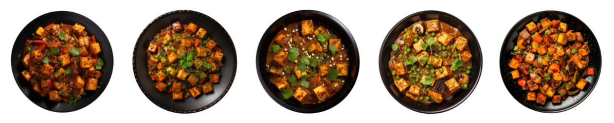 Mutter Paneer , Indian Dish Cottage cheese and Peas immersed in an Onion Tomato Gravy . Isolated on a transparent background. PNG cutout or clipping path. - obrazy, fototapety, plakaty